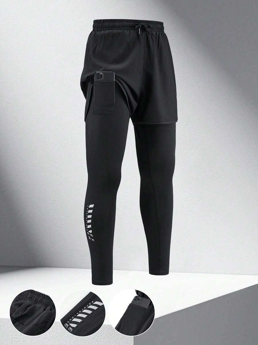 男士 1 套弹力速干运动裤，透气健身紧身裤，带手机口袋，双层面料抽绳腰部，适合跑步、慢跑、健身房训练、秋季 - 黑色 - 查看 1