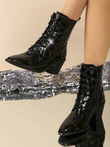 Bottes femme à 7 trous, style britannique à Talons Épais, bottes fuselées avec fermeture éclair latérale, lacets, bottes courtes , talons hauts mode, bottes  à bout carré, pour le printemps et l'automne