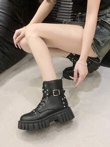 女式2025厚底休闲踝靴，系带，粗跟，防滑 - 黑色 - 查看 8