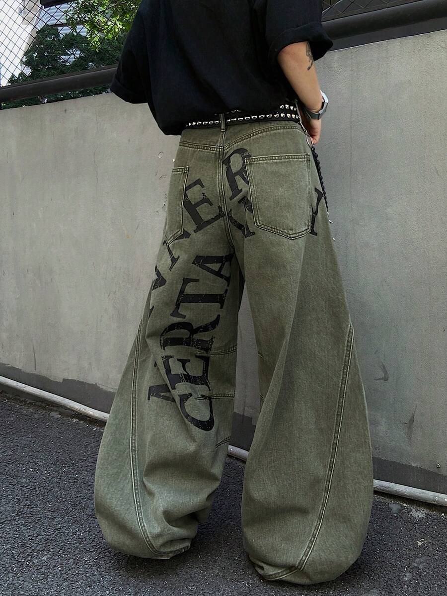 1 chiếc quần ống loe nam hiệu Infinite Jeans kiểu dáng thường ngày, họa tiết chắp vá, in cá tính, dáng rộng thoải mái, phong cách đường phố (Sản phẩm không bao gồm thắt lưng và phụ kiện) - xanh quân đội - Xem 1