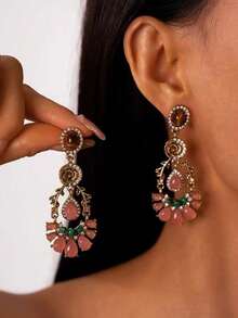 1 对复古宫廷风格花朵树脂水滴流苏耳环，奢华高端粉色花卉耳环配饰 - 粉色 - 查看 5