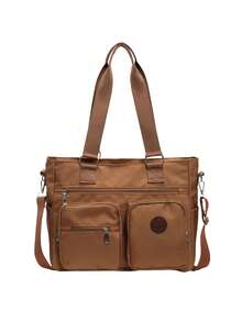 Nuevo bolso de mujer tipo tote de gran capacidad, estilo retro, de unicolor, versátil y elegante, bolso de hombro casual y simple, con correa de hombro ajustable, adecuado para salir, citas, compras y uso diario. - Marrón - Ver 9