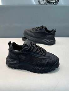 时尚精选，男士透气网眼轻便厚底休闲增高运动鞋 - 黑色 - 查看 4