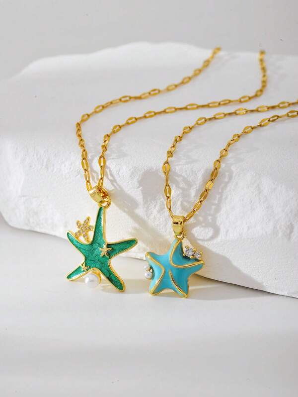 1pc European &American Style Starfish Pendant Necklace, Suitable For Beach Vacation