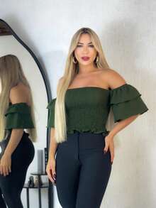 Simple Ruffle Hem Pleated Gathered - Army Green - View 3