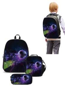 GUSTELL 3pcs Set: Cool Tech Football Particle, Golden Crown, Cosmic Star Chain Pattern Backpack, Shoulder Bag, Pencil Case Set. Suitable For Travel, Camping, Casual Cartoon Backpack With Padded Back And Adjustable Shoulder Straps, Fashionable, Durable, Practical (Football Element Pattern) - Bundles - View 4