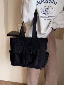 妈妈包多口袋大容量灯芯绒女包新款简约女士单肩斜挎包百搭手提包非常适合日常通勤、休闲旅行、上学、带孩子外出返校背包适合高中生和大学生 - 咖啡棕 - 查看 3