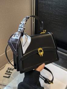 蝴蝶结装饰轻薄商务休闲迷你丝巾，金属扣装饰女士钱包，女士手提包，可斜挎，商务通勤包，适合女孩、女大学生、职场新人及白领，是办公室、大学、工作、商务、通勤、户外、旅行和郊游的理想之选。 - 黑色 - 查看 2
