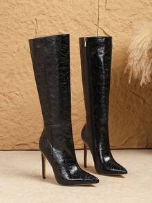 2025 年秋冬女士性感时尚纯色尖头细高跟休闲百搭侧拉链黑色及膝靴 - 黑色 - 查看 5