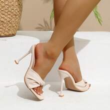Women's Square Toe Textured Apricot Comfortable Summer Simple Evening Wedding Party Slim High Heel Sandals - Beige - View 4