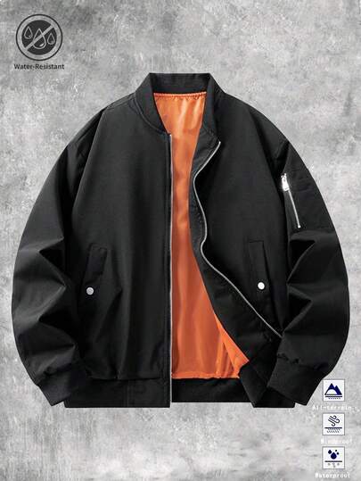 Men's Jacket, Solid Color Baseball Collar Jacket For Men In Spring And Autumn, Fashionable Comfortable Casual Sports Outerwear, Daily Outdoor Street Bomber Jacket