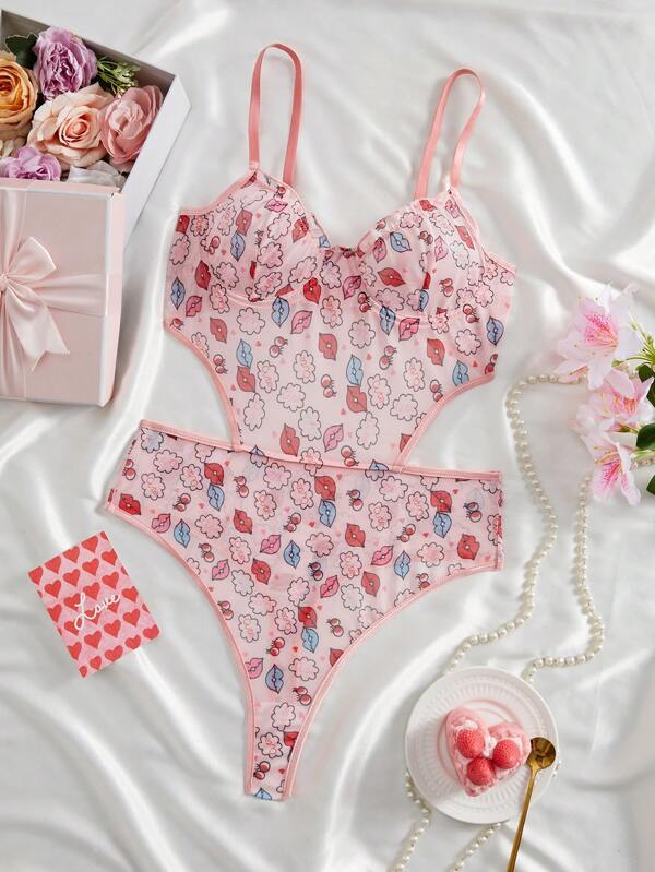 Women's Sexy Bodysuit, Cute Lip Print Tight Bodysuit, Sexy Midriff-Baring Jumpsuit, Romantic & Playful Lingerie For Valentine's Day