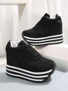 秋冬女式休闲系带厚底运动鞋，时尚百搭滑板鞋 - 黑色 - 查看 2