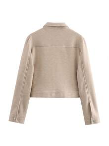 Women's Rice Pink Tweed Jacket Front Zip With Pockets Street Style Fall Winter Coat - Beige - View 3