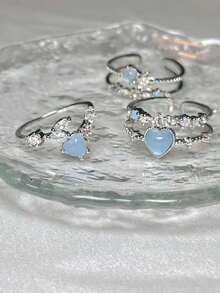 3 件时尚珠宝华丽轻盈 - 奢华百搭多层钻石镶嵌心形和花朵开口戒指，非常适合女性日常佩戴 - 彩色 - 查看 4