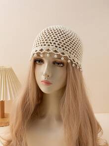 1 件女士时尚轻质长款无檐小便帽，带镂空亮片装饰，手工编织，适合春、夏、秋季日常户外穿着