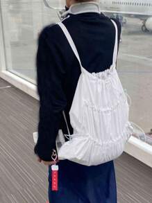 Latest White Drawstring Women Backpack, Lightweight Water-Resistant Nylon Korean Style Bag With Shoulder Strap, Convenient For Outdoor Sports, School, College, University, Casual, Laptop Compartment, High Capacity, Suitable For Girls, Students, Outdoor, Travel, Hiking, School, Office, Fashion, Campus, Shopping