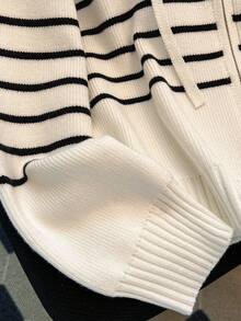 秋冬撞色条纹学院风双面拉链连帽休闲宽松针织开衫 - 白色 - 查看 6