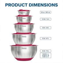 VIKING Mixing Bowls Set, 10 Piece Stainless Steel Kitchen Cookware, Non-Slip Silicone Base, Includes Tight Fit Lids, Dishwasher , Black - Red - View 6