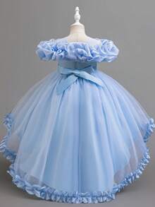 Váy chữ A trang trí ren và hoa đính cườm thanh lịch, váy công chúa ngắn phía trước dài phía sau, thích hợp cho bé gái rải hoa, đám cưới, biểu diễn sân khấu - Màu xanh lam - Xem 4