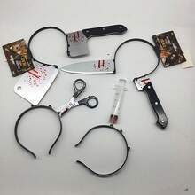 1 件万圣节道具血腥切肉刀头带、恐怖派对僵尸角色扮演堵嘴锯头箍、逼真斧头 - 彩色 - 查看 2