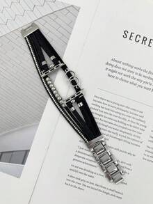 1pc Adjustable Length Multi-Strand PU Leather Watch Band With Rhinestones, Boho Style Metal Wrist Strap Compatible With 38/40/41/42/44/45/49mm Watches For Ultra/SE/Series 9/8/7/6/5/4/3/2/1 - Black - View 8