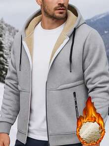 男士抓绒连帽外套，羊羔绒内衬，拉链口袋，休闲户外运动外套，加厚保暖，适合冬季，圣诞节礼物，万圣节礼物