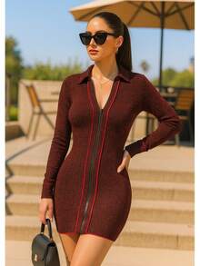 MINI DRESS WITH TRIM DETAILS AND 2 WAY ZIPPER