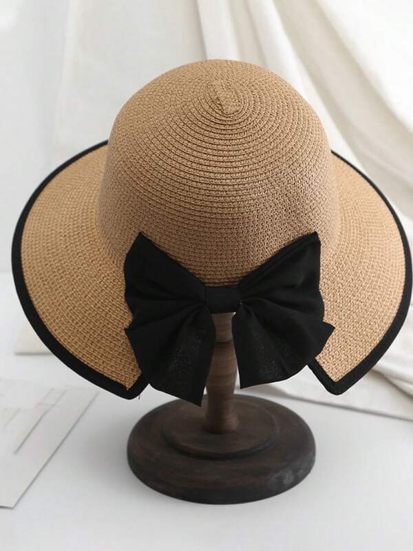 1pc Casual Bowknot Decor Polyester Bohemian Elegant Wide Brim Sun Hat, UV Protection, Windproof, Suitable For Summer, Spring & Autumn