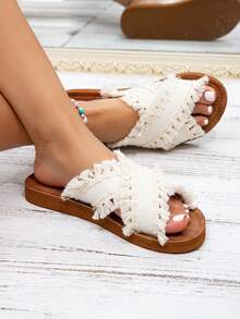 Kate Miuch Women's Original Design Elegant Tassel Flat Sandals In Beige, Suitable For Beach, Sweet And Cute Peep Toe, Breathable And Comfortable, Lightweight For Holiday, Ideal For Party, Banquet And Casual Occasions