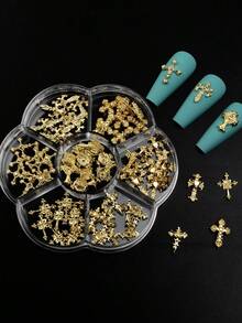 70 peças/7 estilos Decorações de Unhas de Metal Clássicas Europeia e Americana de Luxo, Joias de Unhas Góticas Minimalistas Douradas Versáteis, Acessórios de Unhas Retrô em Forma de Cruz Y2K Adequados para Meninas e Mulheres