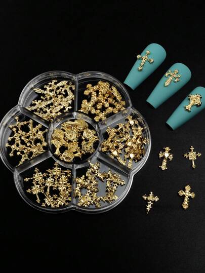 70 pezzi/7 stili Decorazioni per unghie in metallo di lusso stile europeo e americano, colore oro, gioielli per unghie minimalisti gotici, accessori per unghie retrò a croce in stile Y2K adatti per ragazze e donne