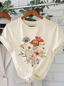 花卉印花女士加大码超大短袖上衣女士休闲女式夏季短袖度假休闲上衣