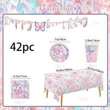 42 Stück Schmetterling Geburtstags Party Zubehör Einweg Pappteller Servietten Becher Tischdecken und Banner für Schmetterling Geburtstagsdekoration