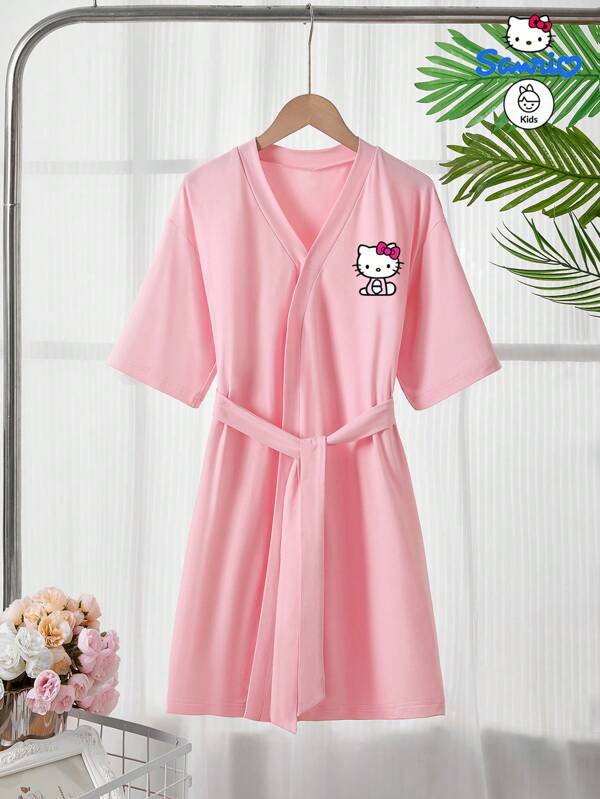 Sanrio Sanrio Authorizes Hello Kitty Printed Girls' Bathrobe, Casual Simple Waistband Pajamas, Summer Air Conditioning Anti Cold Protector