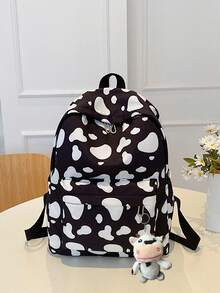 1 pieza Mochila de gran capacidad de uso versátil y multifuncional con compartimento para portátil, estilo clásico y a juego, con estampado de patrón de piel de vaca a todo color, de alta calidad en nylon, con correas ajustables, bolsillos espaciosos, impermeable y con diseño de correa para equipaje - Negro - Ver 15