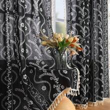 84 Inch Length Boho Farmhouse Curtains Living Room 2 Panels, Linen Semi Sheer Vintage Printed Floral Orange Rustic Curtain Drapes, Terracotta - Black - View 1