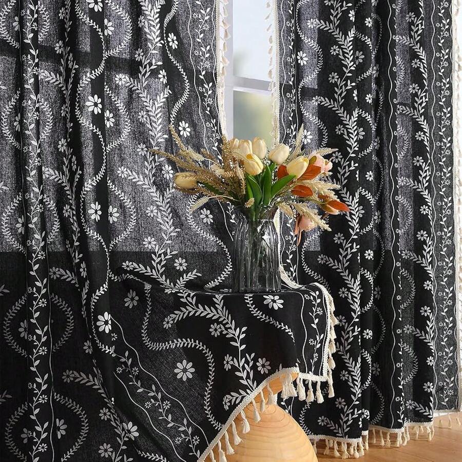 84 Inch Length Boho Farmhouse Curtains Living Room 2 Panels, Linen Semi Sheer Vintage Printed Floral Orange Rustic Curtain Drapes, Terracotta - Black - View 1