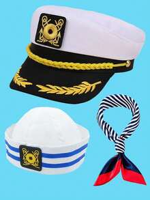 3 件套水手帽配条纹围巾，适合游轮、游艇、摇滚音乐会、水手服装配饰 - 白色 - 查看 6