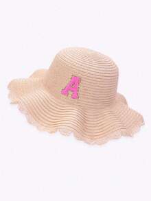 1pc Kids' Customized 26 Letter Straw Hat With Floral Brim, Suitable For Gifting, Daily Outdoor, Picnic, Beach, Vacation Wear - Pink - View 3