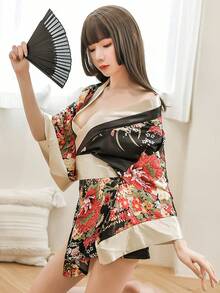Japanese Style Pajamas Floral Print Cosplay Costume, Satin Pajamas With Belt, Women's Sexy Lingerie And Underwear - 黑色 - 查看 2