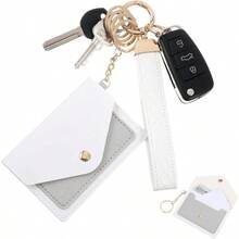 Leather Wristlet Keychain Portable Wallet Keychain For Women Compact Lightweight Multiple Colors Available - 白色 - 查看 1