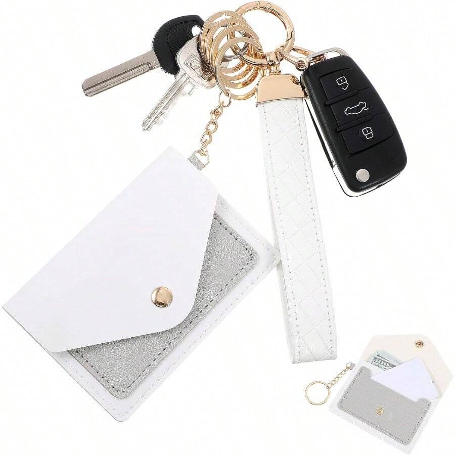 Leather Wristlet Keychain Portable Wallet Keychain For Women Compact Lightweight Multiple Colors Available - 白色 - 查看 1