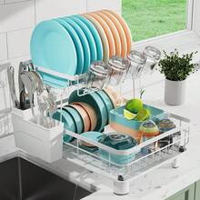 2-Tier Heavy-Duty Metal Dish Drying Rack With Drainboard - Large Capacity Dish Drainer Organizer, Utensil & Cup Holder, -Standing Space-Saving Kitchen Rack Small Apartments, Painted Durability - Black - View 4