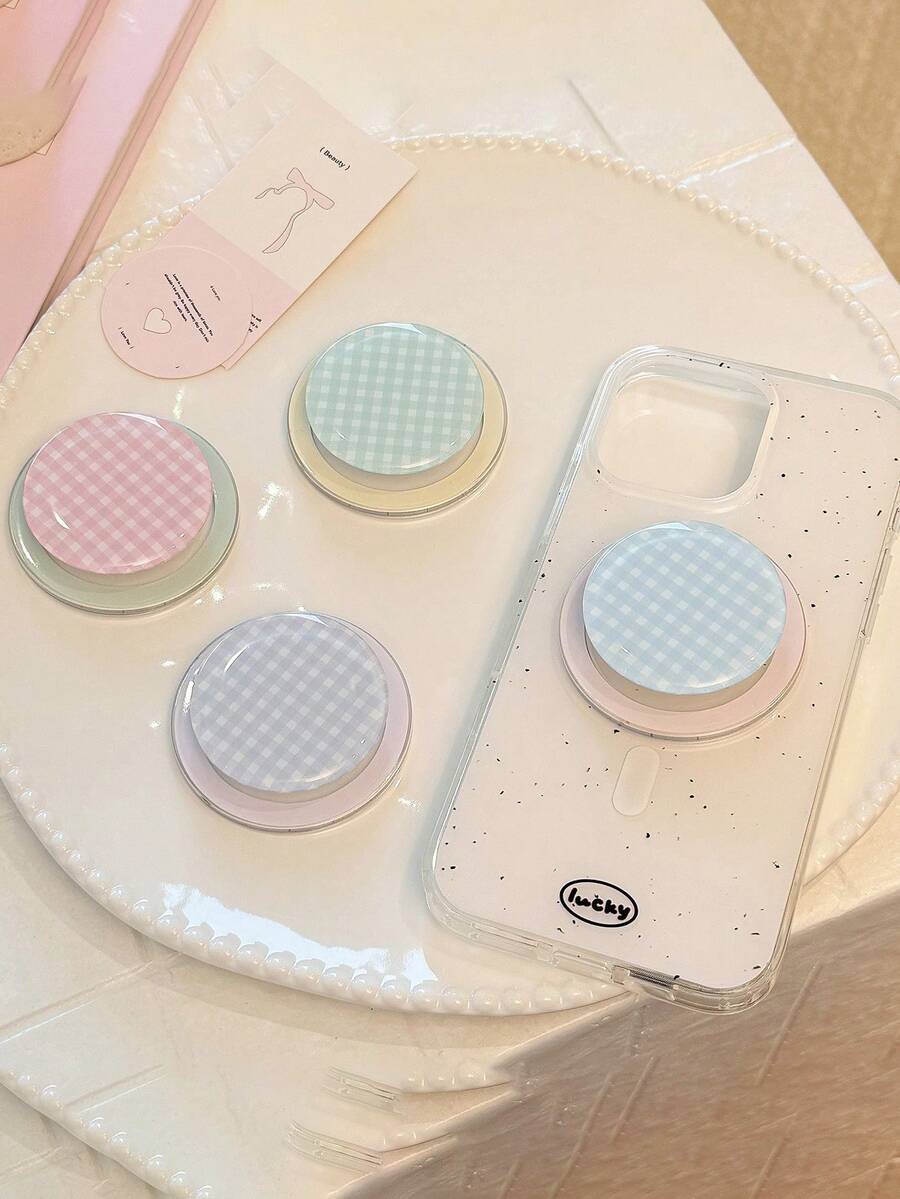 1pc Indie Style Colorblock Plaid MagSafe Magnetic Phone Case With Retractable Air Cushion Stand, Fits Most Phone Cases - Multicolor - View 1