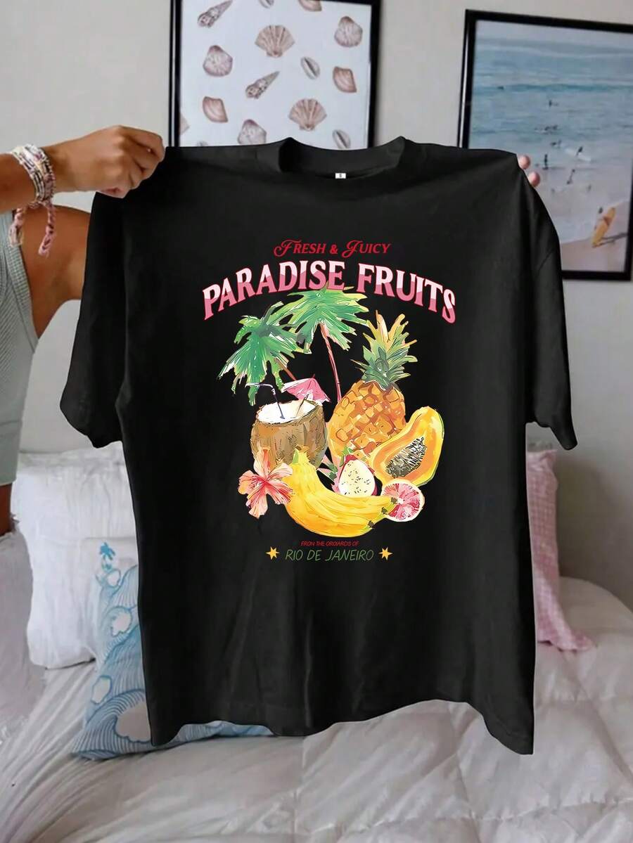 Plus Size Women's New Round Neck Short Sleeved Summer T-Shirt, Featuring Casual Fruit Pattern Printed , With A Sweet And Gentle Elegant, Slim Fit And Comfortable Summer Tops, Suitable For Daily Casual Wear, Graphic Tee Plus Size Women, Summer For Plus Size Women - Black - View 1