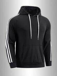 Sudadera de moda con bloques de color para hombres, adecuada para otoño/invierno, uso casual, deportivo y de fitness - Negro - Ver 3