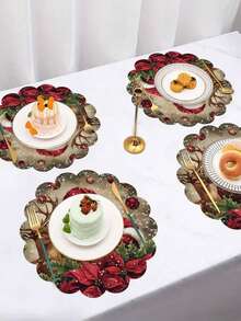 2/4/6/8 Pcs Christmas Holiday Placemats Set - Polyester Round Table Mats With Santa Claus & Reindeer Design, Woven, Non-Slip, Handwash/Washable, Suitable For Holiday Party, Outdoor Dining, Home Decor, Durable