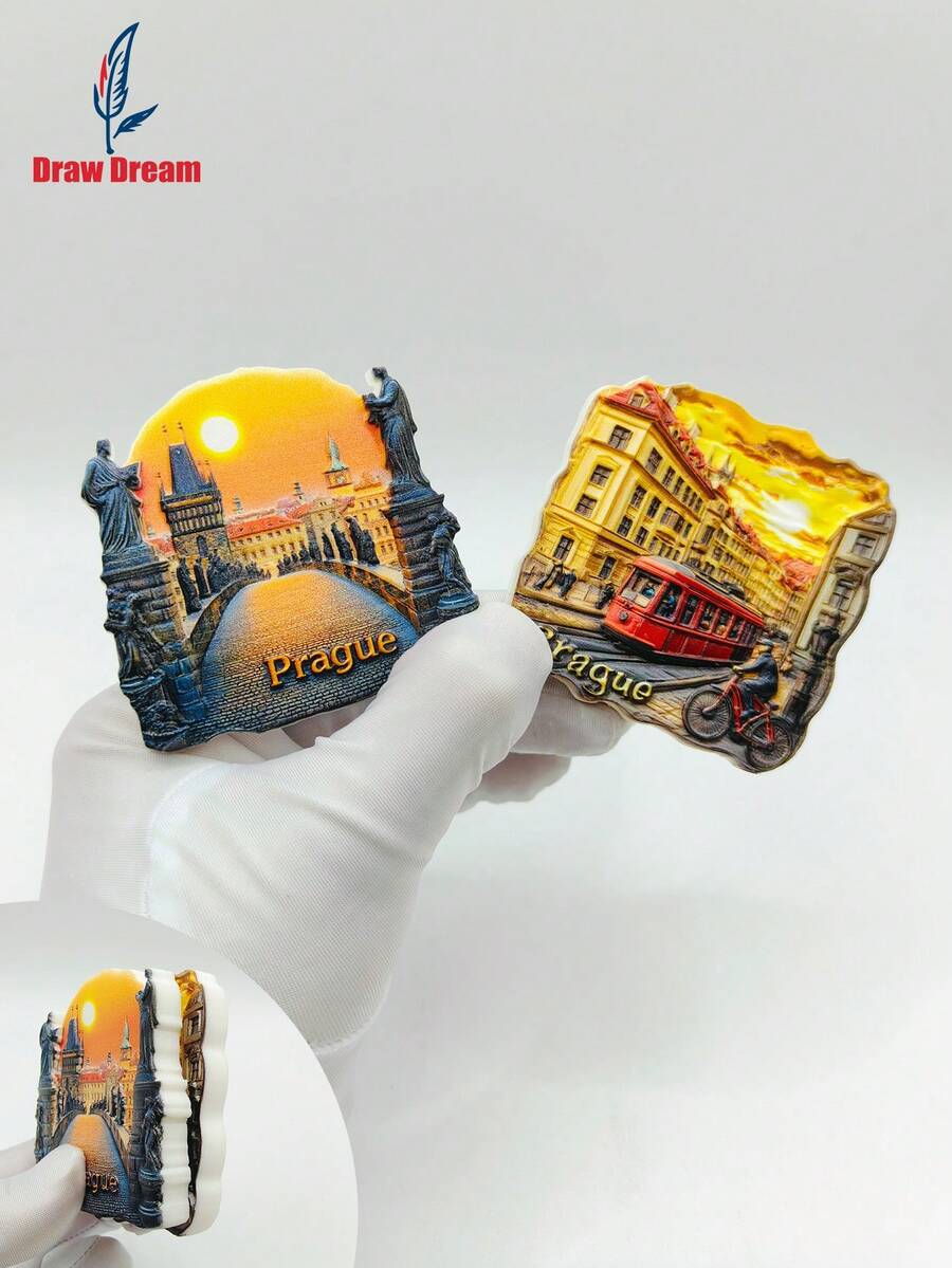 1pc Czech Republic Prague 3d Three-Dimensional Flat Resin Fridge Magnet, Creative Retro Relief Travel Souvenir Refrigerator Magnet, Home, Kitchen, Room Decoration Ornaments Crafts - Multicolor - View 1