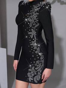 New Elegant Women's Luxury Heavy Industry Bright Diamond Design Mini Bandage Dress Small Stand Collar Long Sleeve Slimming Women's Bandage Dress Women's Wedding/Bridesmaid/Banquet/Women's Formal Banquet Mini Dress - Black - View 9